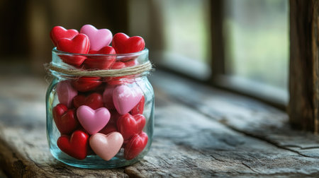 A charming glass jar filled with vibrant heart-shaped candies sits on a rustic wooden table. Perfect for love-themed events, this delightful arrangement evokes joy and sweetness.の素材