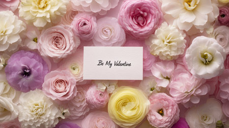A stunning flat lay of soft pastel flowers surrounding a Valentine card. This romantic arrangement captures the essence of love and beauty, perfect for celebrations.の素材