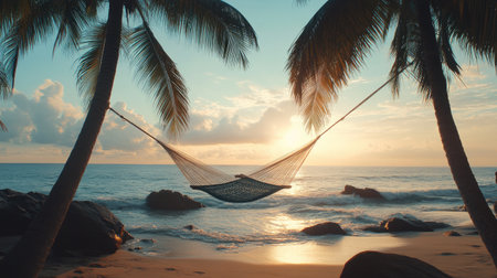 Enjoy a peaceful hammock scene set among palm trees at sunset, capturing the beauty of nature and relaxation. A perfect tropical getaway.の素材