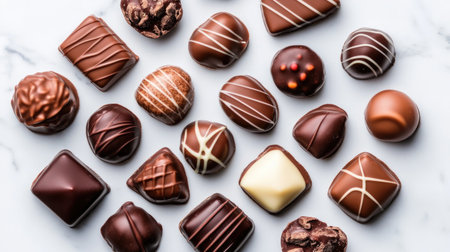 A stunning display of assorted gourmet chocolates arranged on a white marble surface. These treats feature a variety of textures and designs, perfect for any celebration.の素材