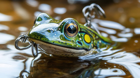 This striking close-up photo showcases a colorful frog partially submerged in water, featuring a fishing lure attached. The vibrant colors and intricate patterns on the frog's skin highlight nature's beauty in a tranquil aquatic environment.の素材