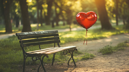A heart-shaped balloon floats gently above an empty park bench, illuminated by the warm glow of sunset. This romantic scene captures the essence of love and solitude in nature.の素材