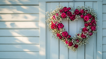A captivating heart-shaped floral wreath featuring vibrant pink roses and delicate baby's breath, ideal for romantic occasions and decorative purposes.の素材
