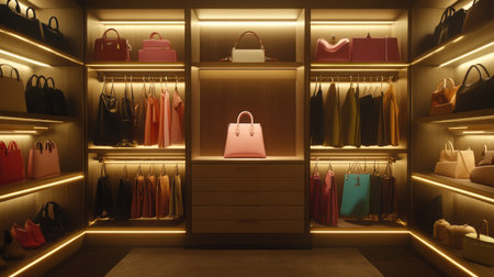 A luxurious fashion closet featuring an array of stylish handbags and organized garments. The warm lighting enhances the modern design, creating an inviting atmosphere for fashion enthusiasts.の素材
