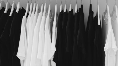 This image features a stylish arrangement of black and white t-shirts hanging neatly in a modern wardrobe. Perfect for showcasing minimalist fashion design.の素材