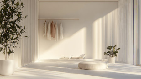 A bright minimalist interior showcasing soft light streaming through large windows, with plants and simple decor, creating a serene and stylish atmosphere.の素材