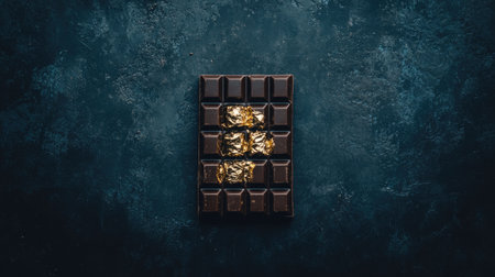 Luxurious dark chocolate bar topped with shiny golden foil, set against a rich blue textured background. Perfect for gourmet indulgence and food photography.の素材