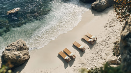 Charming beach scene features three wooden lounge chairs on soft sand beside gentle ocean waves. Ideal for vacation, relaxation, and sunbathing in a tranquil setting.の素材