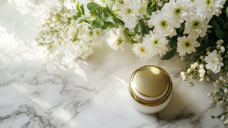 A beautiful cream jar rests on a marble surface, surrounded by fresh white flowers, creating a serene and elegant aesthetic for beauty and wellness.の素材