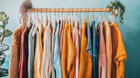 A visually appealing display of colorful sweaters hanging on a wooden rack, showcasing various textures and a cozy atmosphere perfect for fashion enthusiasts.の素材