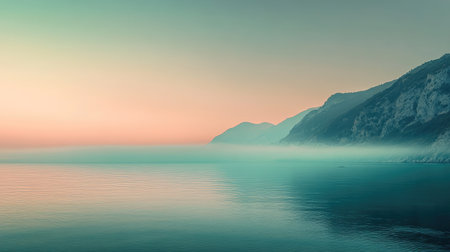 A breathtaking coastal landscape featuring misty mountains and a serene sea at sunrise. The soft pastel colors create a tranquil atmosphere ideal for relaxation and contemplation.の素材