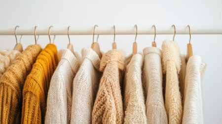 A collection of cozy knit sweaters in soft neutral tones hanging elegantly on a rack. This image captures the warmth and comfort of winter fashion, ideal for lifestyle and clothing themes.の素材