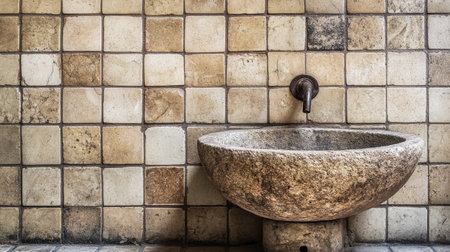 A unique stone sink set against a textured tiled wall, creating a rustic charm. This vintage-inspired bathroom captures an elegant, serene atmosphere ideal for relaxation.の素材