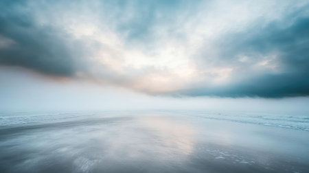 Experience the tranquility of a serene coastal landscape featuring soft clouds reflecting on calm ocean waters, creating a peaceful and atmospheric scene.の素材