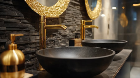 Discover a stunning bathroom scene featuring sleek black bowls and elegant gold fixtures against a textured stone wall, creating a luxurious and modern atmosphere.の素材