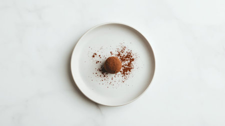 A beautifully arranged chocolate truffle sits on a smooth white plate, accented by a sprinkle of cocoa powder. The minimalist composition highlights the dessertの素材