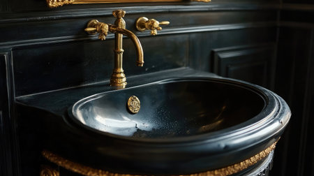 This stunning black sink features a golden faucet, adding elegance to any luxurious bathroom. Ideal for stylish interior designs and modern renovations.の素材