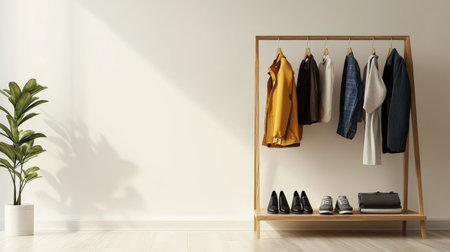 A stylish minimalist clothing rack displaying various garments with neatly arranged shoes and a vibrant indoor plant, creating a fresh and modern aesthetic.の素材