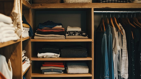 A neatly organized wardrobe featuring shelves filled with folded clothes and hanging garments, showcasing a minimalist design that emphasizes simplicity and function.の素材