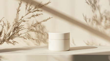 A chic minimalist cosmetic jar sits elegantly on a neutral surface, illuminated by soft natural light. The serene background and shadows create a tranquil atmosphere, perfect for skincare or beauty branding.の素材