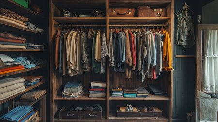 A beautifully organized wardrobe showcasing a variety of clothing options. The warm wooden shelves display shirts, pants, and other apparel, emphasizing a cozy atmosphere.の素材