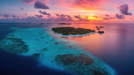 Experience the stunning beauty of a tropical island at sunset, with vibrant colors illuminating the sky and tranquil waters reflecting the serene environment.の素材
