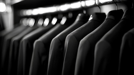 A striking black and white image depicting elegant black suits hanging neatly in a wardrobe. The composition highlights the sophistication and timeless appeal of formal attire in a stylish setting.の素材