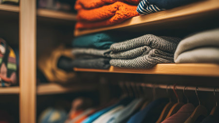 A beautifully organized closet showcasing colorful sweaters and neatly folded garments. This image highlights home storage solutions and cozy fashion essentials.の素材