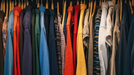 A vibrant collection of neatly hung t-shirts and casual shirts in various colors and patterns displayed in a wardrobe, showcasing a stylish and organized fashion selection.の素材