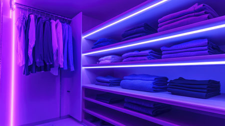 A stylish modern closet featuring neon lighting, neatly folded clothes on shelves, and a sleek design. Perfect for showcasing organization and aesthetics.の素材