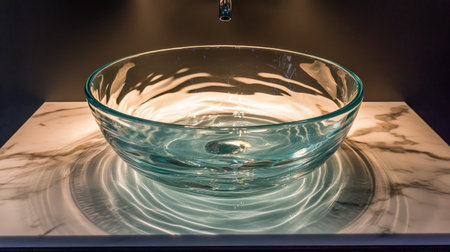 A stunning clear glass bowl placed on a polished marble counter, showcasing reflections and gentle ripples on the surface, perfect for modern kitchen aesthetics.の素材