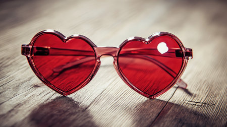 A pair of stylish heart-shaped red sunglasses rests on a textured wooden surface, capturing a playful and romantic vibe perfect for summer fashion.の素材