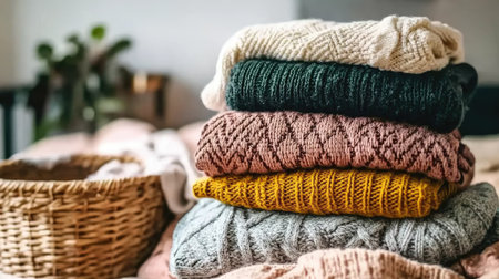 A beautifully arranged stack of warm knitted sweaters in soft colors on a bed, creating a cozy atmosphere ideal for autumn and winter settings.の素材