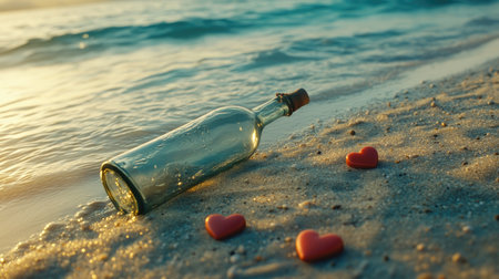 A serene scene featuring a glass bottle on sandy beach, surrounded by small red hearts, capturing the essence of love and hope during a beautiful sunset.の素材