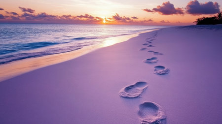 A tranquil beach scene featuring footprints in soft sand illuminated by a vibrant sunset. The serene ocean waves gently lap at the shore, creating a peaceful atmosphere.の素材