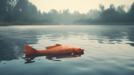 An orange fish floats gracefully on the surface of a misty lake during dawn. The calm water reflects the early morning light, creating a serene and picturesque scene.の素材