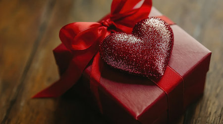 A vibrant red gift box adorned with a sparkling heart decoration and a graceful ribbon, set on a rustic wooden table. Perfect for romantic occasions.の素材