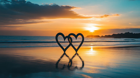 A breathtaking sunset over the beach features two heart shapes intertwined in the foreground, creating a romantic atmosphere perfect for couples and love stories.の素材