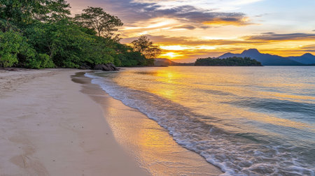 A tranquil beach scene at sunset with gentle waves lapping the shore. Lush greenery frames the serene view, creating a picturesque and relaxing atmosphere.の素材