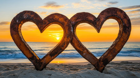 Captivating sunset scene featuring two heart-shaped sculptures on a sandy beach, symbolizing love and connection against the backdrop of a serene ocean.の素材