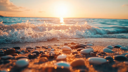 Experience a serene sunset over a tranquil beach, where gentle waves lap against a shore strewn with smooth pebbles. The vibrant colors create a peaceful atmosphere.の素材