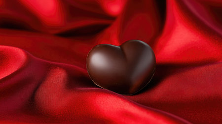 This exquisite dark chocolate heart rests on rich red silk fabric, symbolizing love and romance. Ideal for Valentine's Day gifts or sweet gestures.の素材
