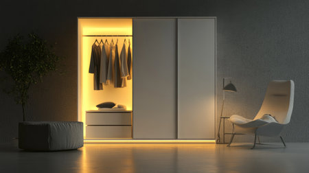 A modern wardrobe featuring soft lighting showcases an organized space with clothing on hangers. The minimalist design promotes elegance and comfort in any interior.の素材