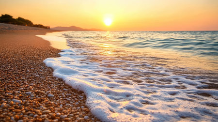 A serene beach scene showcasing gentle ocean waves lapping the shore at sunset. The warm colors of the sky reflect on the water, evoking tranquility and relaxation.の素材