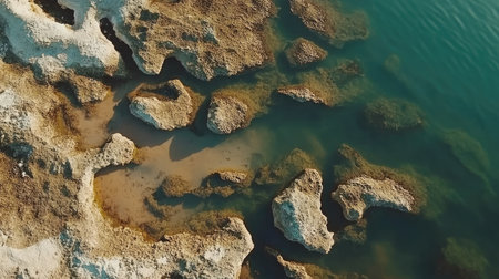 This aerial image captures a mesmerizing view of irregular rocky formations set against tranquil blue waters, offering a serene coastal landscape.の素材