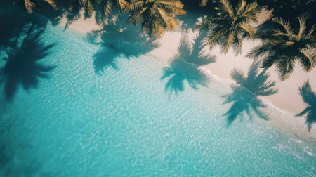 Experience a stunning aerial view of a tropical beach showcasing calm turquoise waters, gentle waves, and the intricate shadows of palm trees.の素材