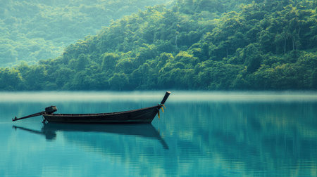 A tranquil scene featuring a simple boat adrift on still water, enveloped by lush greenery and soft mist. Perfect for evoking peace and serenity in nature.の素材