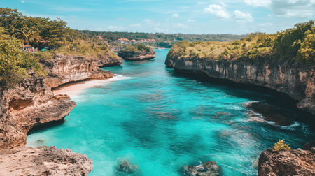 Explore a breathtaking scenic view of turquoise ocean waters embraced by lush green cliffs. This tranquil landscape captures the essence of a tropical paradise perfect for relaxation and adventure.の素材