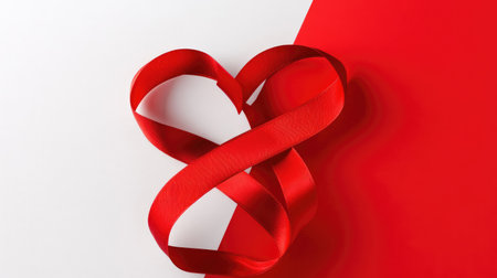 A striking red ribbon elegantly forms a heart shape against a vibrant background, symbolizing love and passion. Perfect for celebrations or romantic themes.の素材
