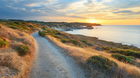 A tranquil pathway meanders along a stunning coastline during sunset, showcasing vibrant colors in the sky and gentle waves lapping at the shore. Perfect for nature lovers.の素材